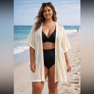 Perceptions Women's Cream
Short Sleeve Open Front Beach
Cover Up Cardigan Sz 3X